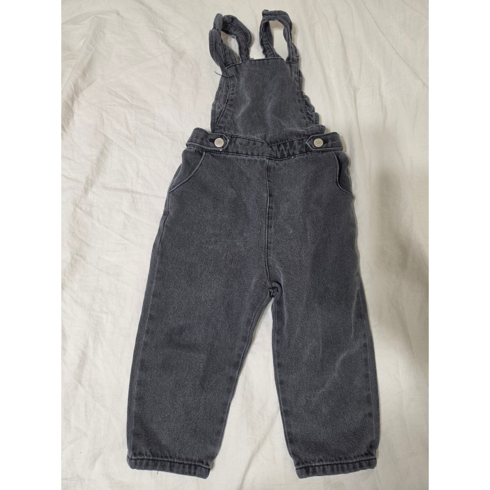 Zara Kids Gray Denim Overalls Daisy Print Lining Twisted Straps 12-18 Months
